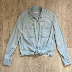 7FAM Chambray Women's Tie Front Button Down Shirt Sz S